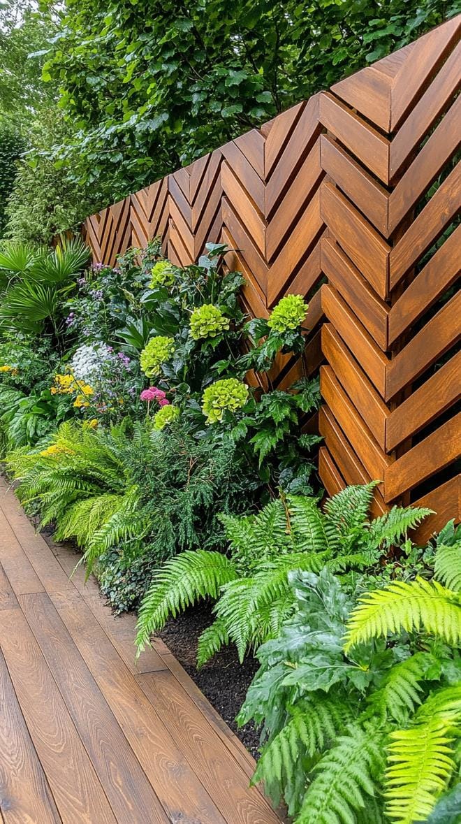 35 Unique Privacy Fence Ideas for a More Private Backyard 29 10. Chevron pattern wooden privacy wall with plants-1