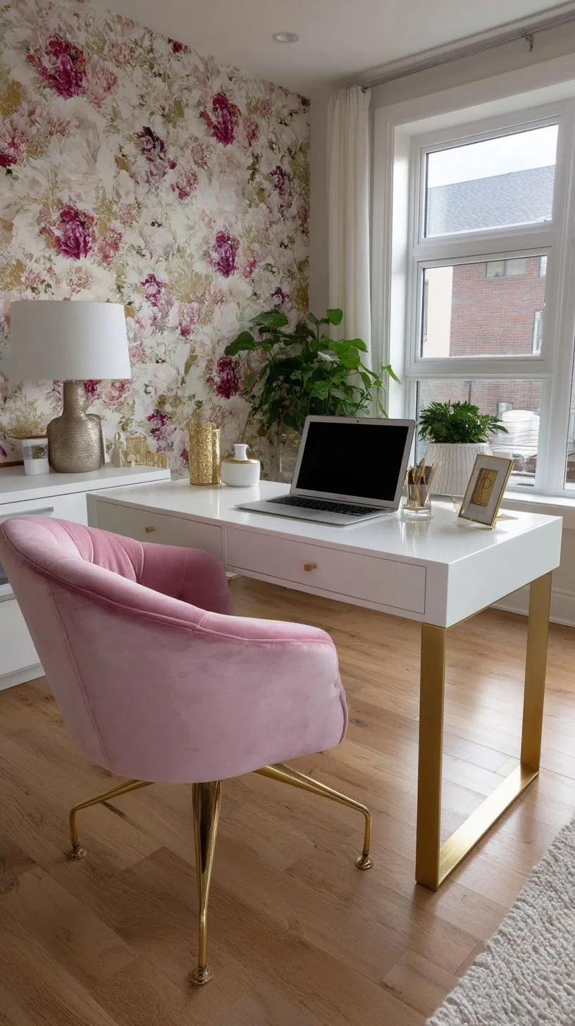 22. Chic feminine office with floral wallpaper and gold accents-1