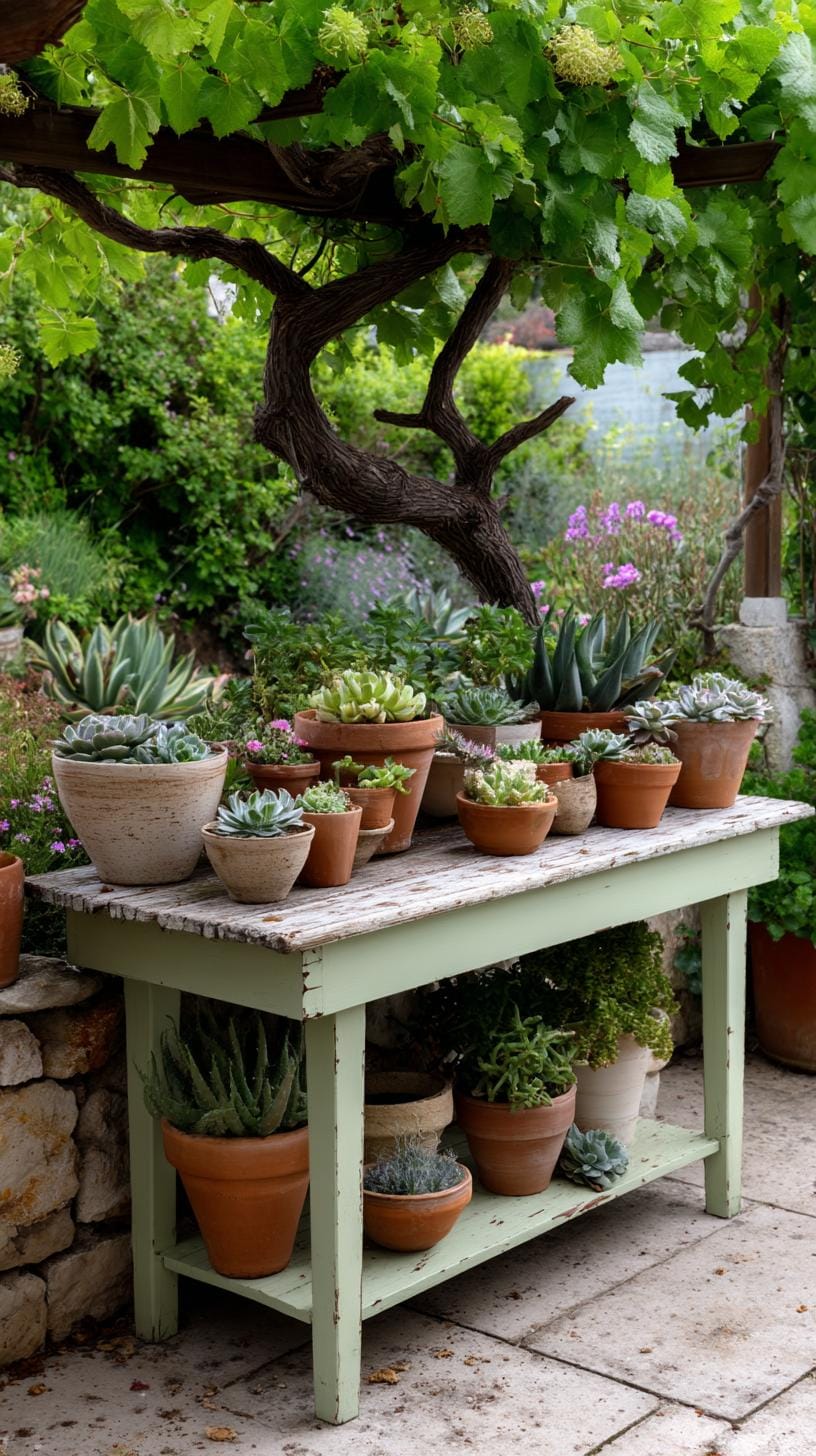 29 Vintage Garden Decor Ideas That Bring Rustic Charm Outdoors 49 12. Chipped vintage table with terracotta pot display-0