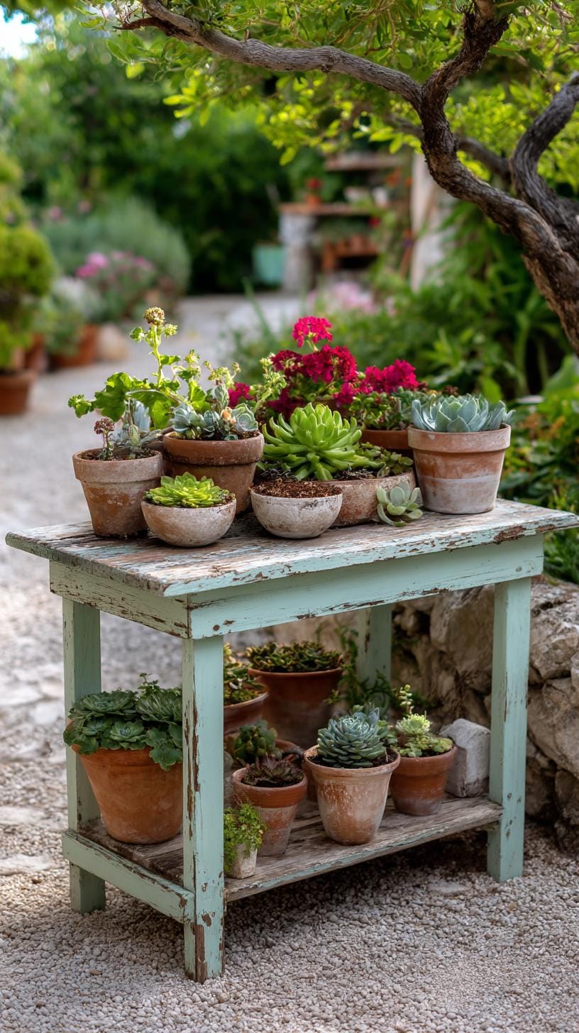 29 Vintage Garden Decor Ideas That Bring Rustic Charm Outdoors 52 12. Chipped vintage table with terracotta pot display-1