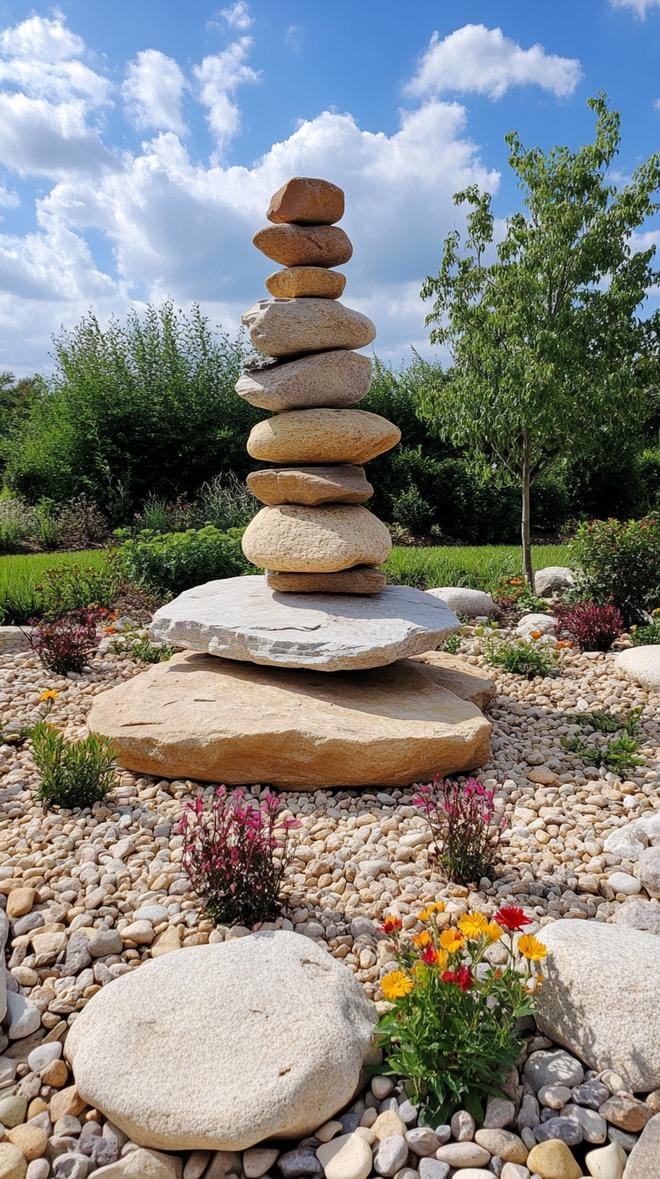 31 Rock Garden Ideas That Transform Any Outdoor Space 51 10. Circle rock feature with vertical stone stacks-1