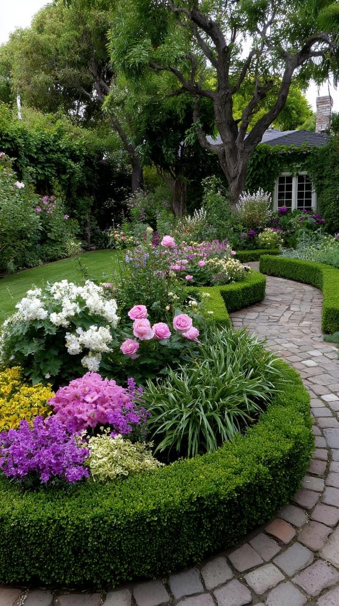 35 Dreamy Cottage Garden Ideas for Timeless Charm 24 10. Circular garden beds edged with low greenery-0
