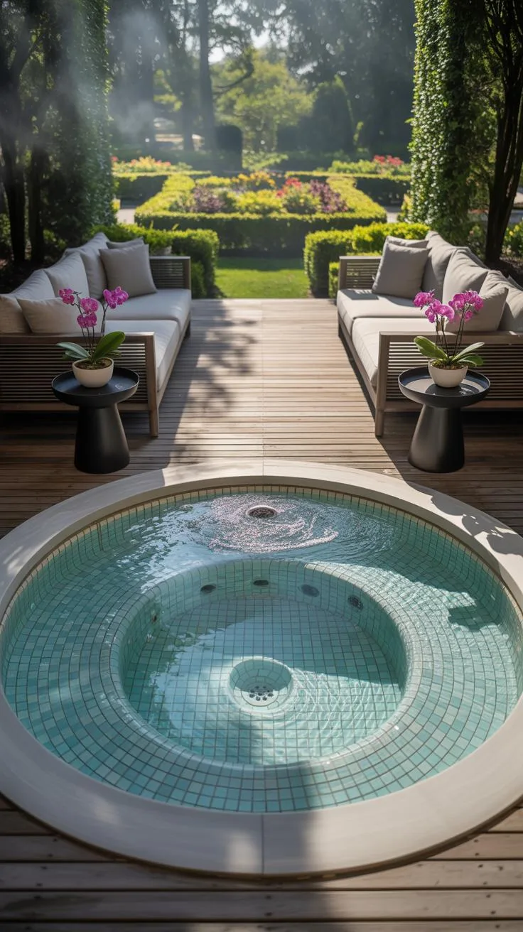 31 Best Hot Tub Ideas for the Ultimate Backyard Escape 158 28. Circular hot tub with panoramic wood decking-0