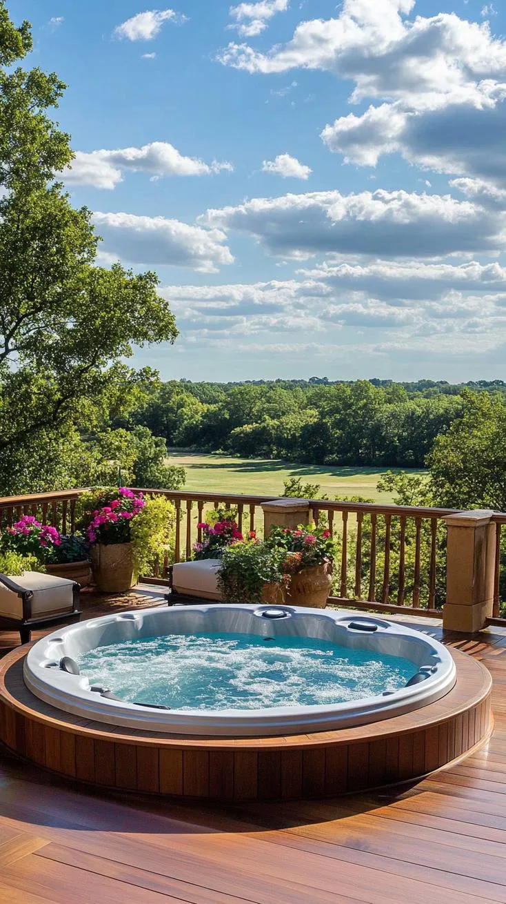 31 Best Hot Tub Ideas for the Ultimate Backyard Escape 159 28. Circular hot tub with panoramic wood decking-1