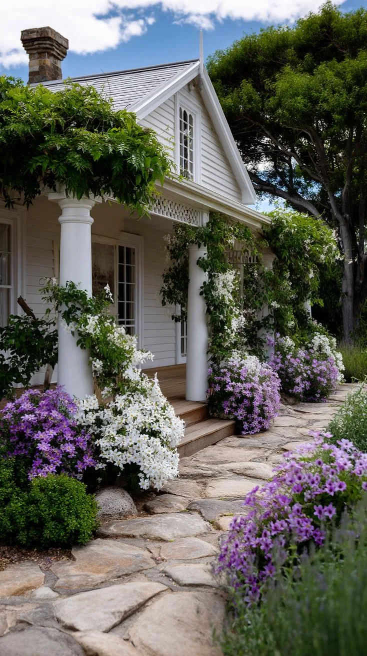 35 Dreamy Cottage Garden Ideas for Timeless Charm 62 26. Climbing clematis around white-trimmed porch columns-1