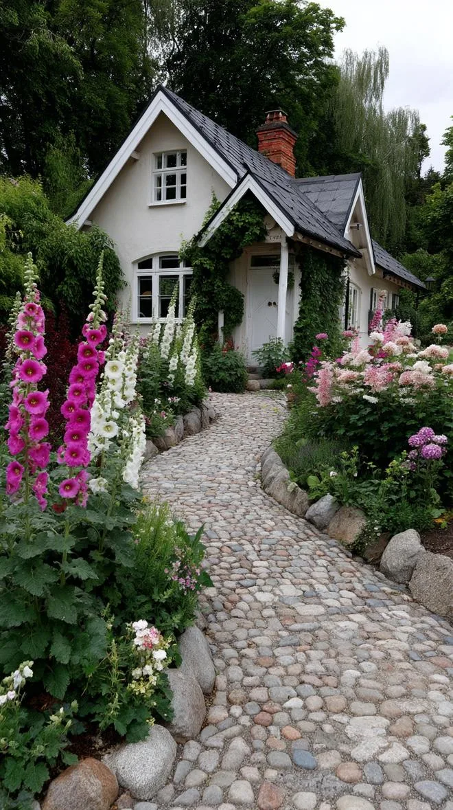 35 Dreamy Cottage Garden Ideas for Timeless Charm 26 11. Cobblestone path flanked by tall hollyhocks-0