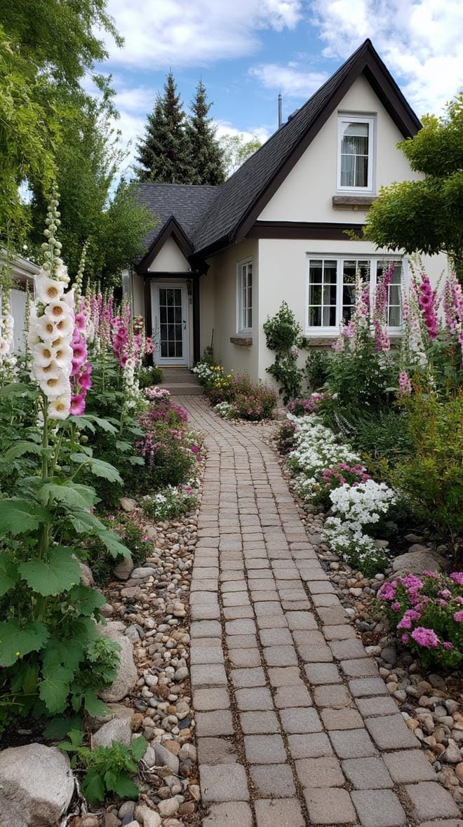 35 Dreamy Cottage Garden Ideas for Timeless Charm 28 11. Cobblestone path flanked by tall hollyhocks-1