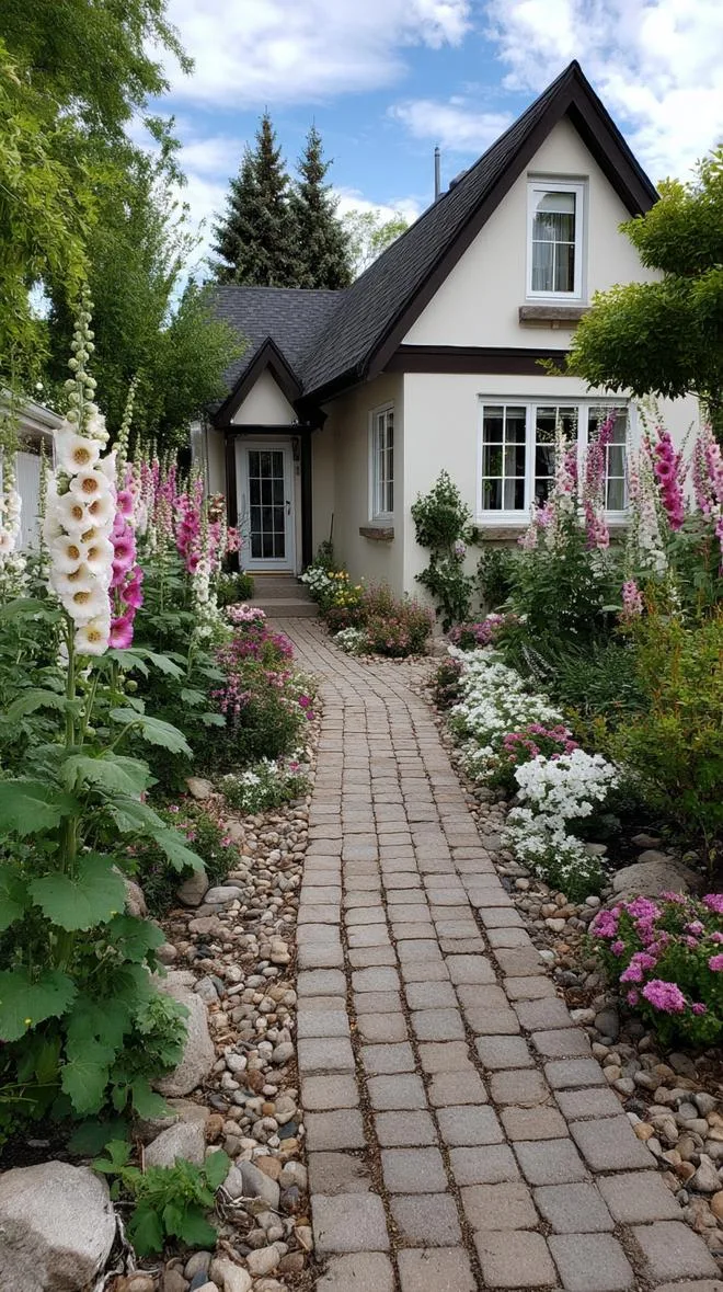 35 Dreamy Cottage Garden Ideas for Timeless Charm 27 11. Cobblestone path flanked by tall hollyhocks-1