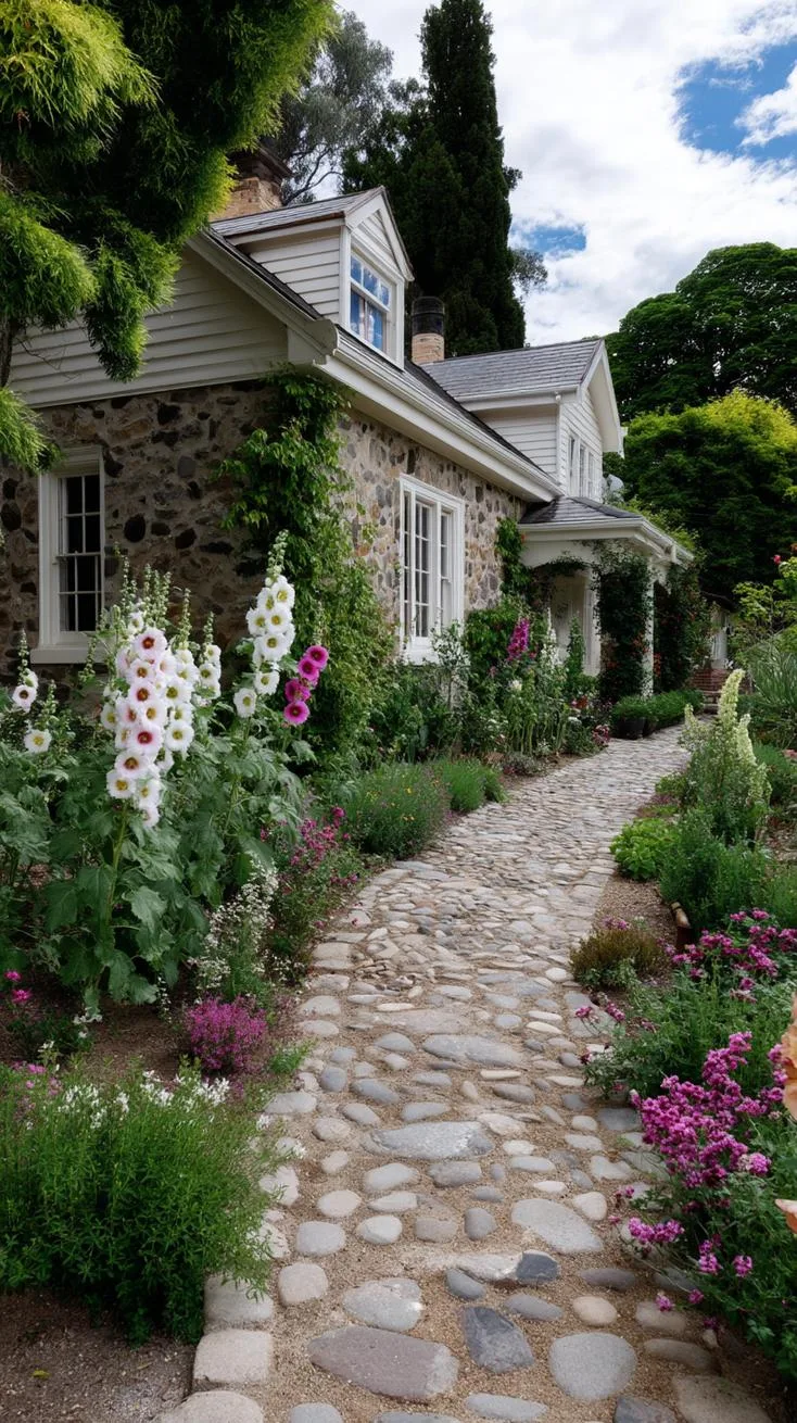 35 Dreamy Cottage Garden Ideas for Timeless Charm 28 11. Cobblestone path flanked by tall hollyhocks-2