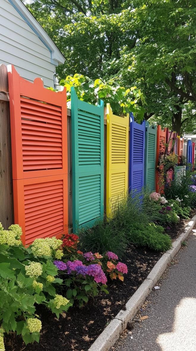 35 Unique Privacy Fence Ideas for a More Private Backyard 43 16. Colorful recycled shutters used as privacy fence-0