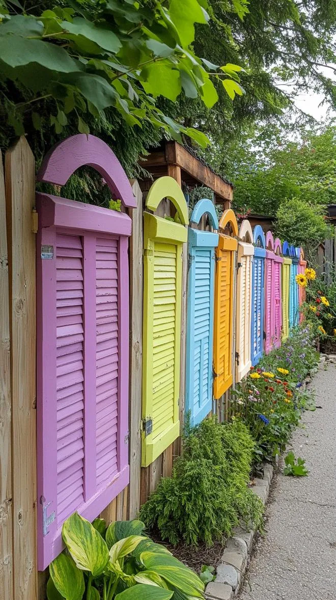 16. Colorful recycled shutters used as privacy fence-1