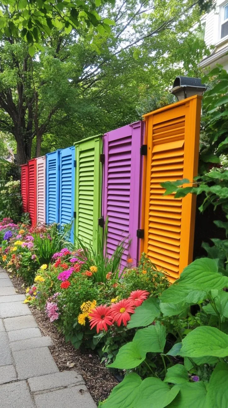16. Colorful recycled shutters used as privacy fence-2