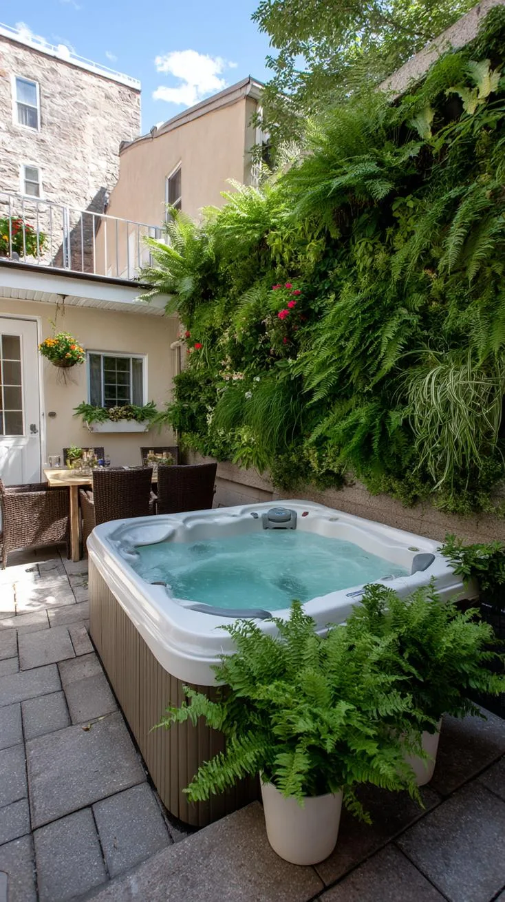 31 Best Hot Tub Ideas for the Ultimate Backyard Escape 133 24. Compact corner hot tub surrounded by vertical garden-0