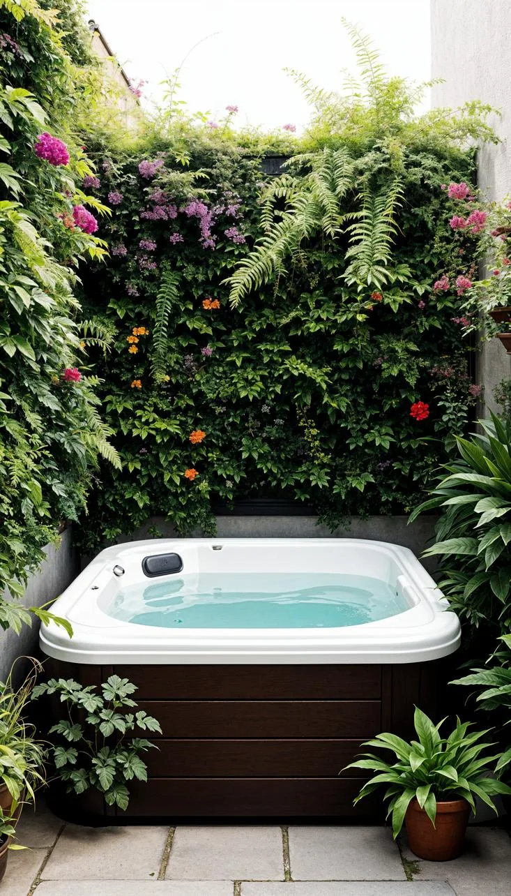 31 Best Hot Tub Ideas for the Ultimate Backyard Escape 134 24. Compact corner hot tub surrounded by vertical garden-1