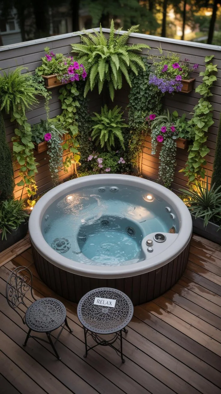 31 Best Hot Tub Ideas for the Ultimate Backyard Escape 135 24. Compact corner hot tub surrounded by vertical garden-2