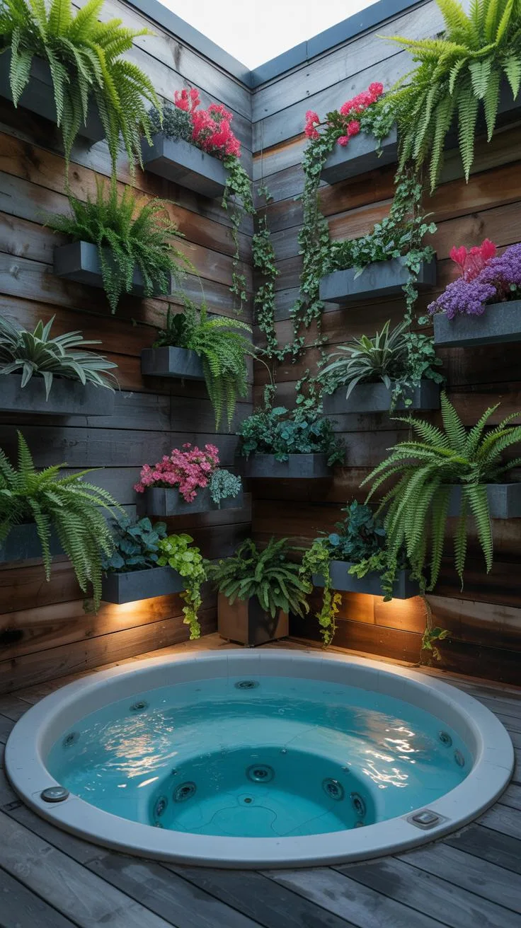 31 Best Hot Tub Ideas for the Ultimate Backyard Escape 138 24. Compact corner hot tub surrounded by vertical garden-3