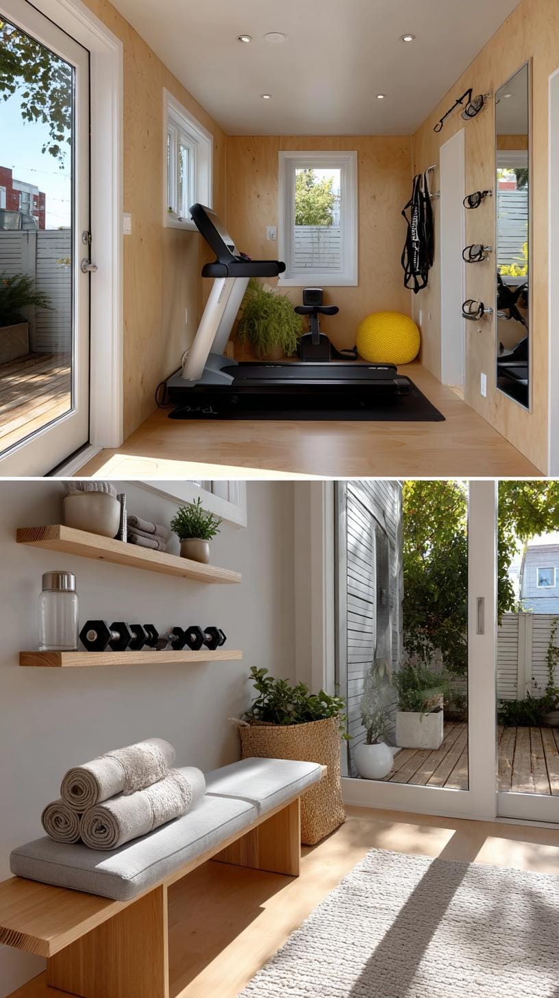 12. Compact she shed gym with mirrors and light wood panels-1
