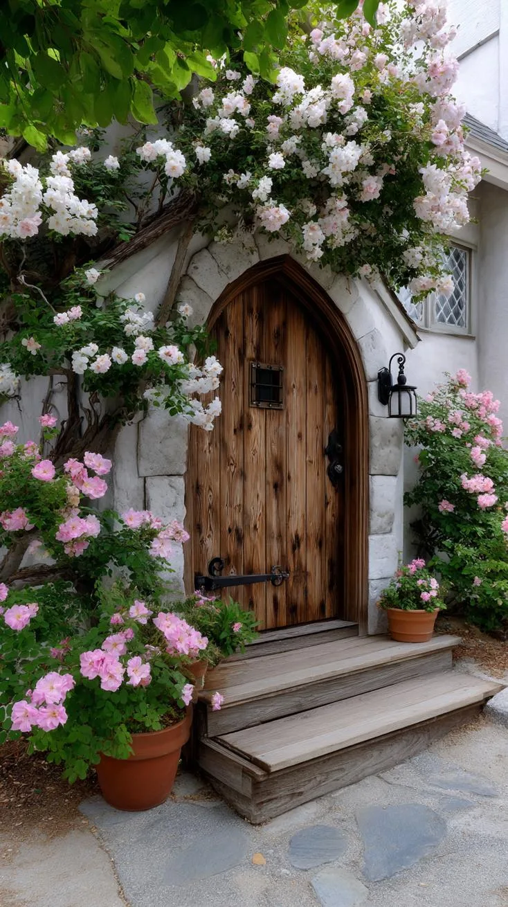 8. Cottage-style arched door hidden by blossoms-1