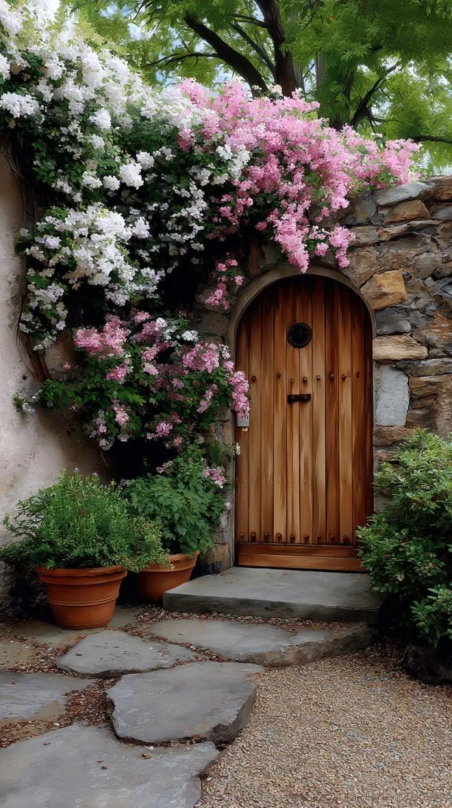 8. Cottage-style arched door hidden by blossoms-2