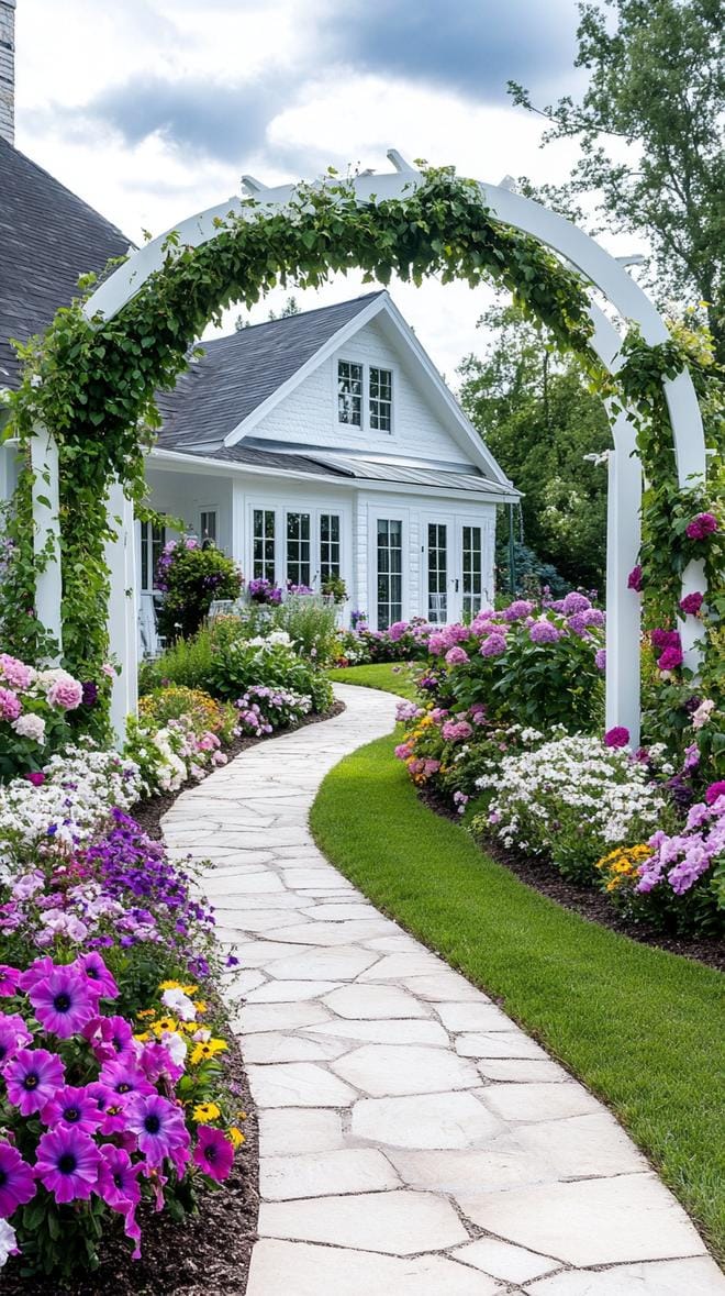 27 Charming Farmhouse Landscaping Ideas for a Beautiful Rustic Yard 37 12. Cottage-style garden with white wooden arches-0