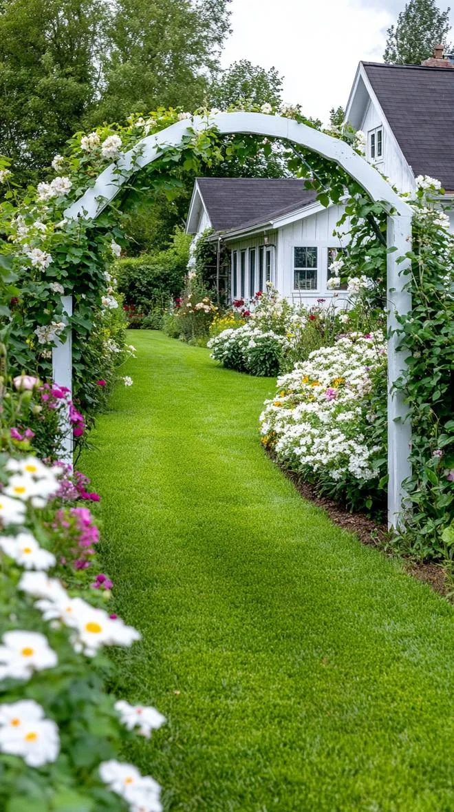 27 Charming Farmhouse Landscaping Ideas for a Beautiful Rustic Yard 37 12. Cottage-style garden with white wooden arches-1