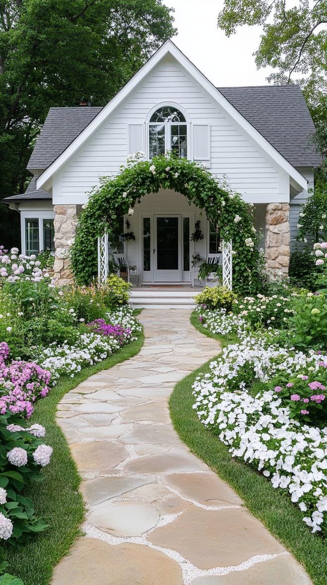 27 Charming Farmhouse Landscaping Ideas for a Beautiful Rustic Yard 39 12. Cottage-style garden with white wooden arches-2