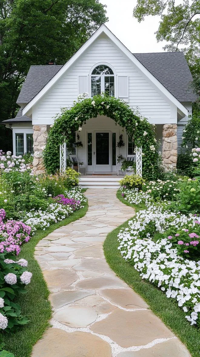 27 Charming Farmhouse Landscaping Ideas for a Beautiful Rustic Yard 38 12. Cottage-style garden with white wooden arches-2