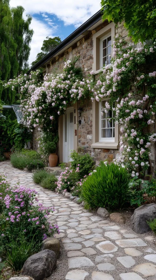 35 Dreamy Cottage Garden Ideas for Timeless Charm 16 6. Cottage wall draped in pale pink climbing roses-1