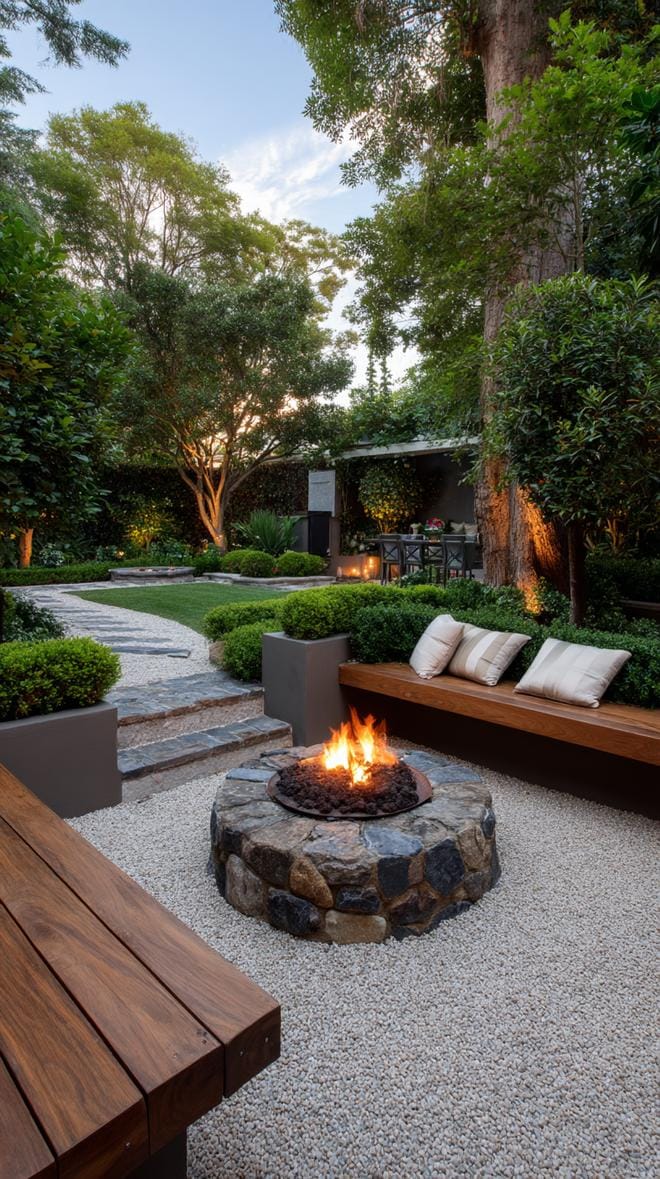 27 Unique Backyard Landscaping Ideas Everyone Wants in 2025 5 2. Cozy backyard firepit surrounded by wooden benches-0