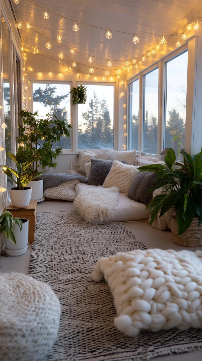 2. Cozy sunroom porch with string lights and rugs-0