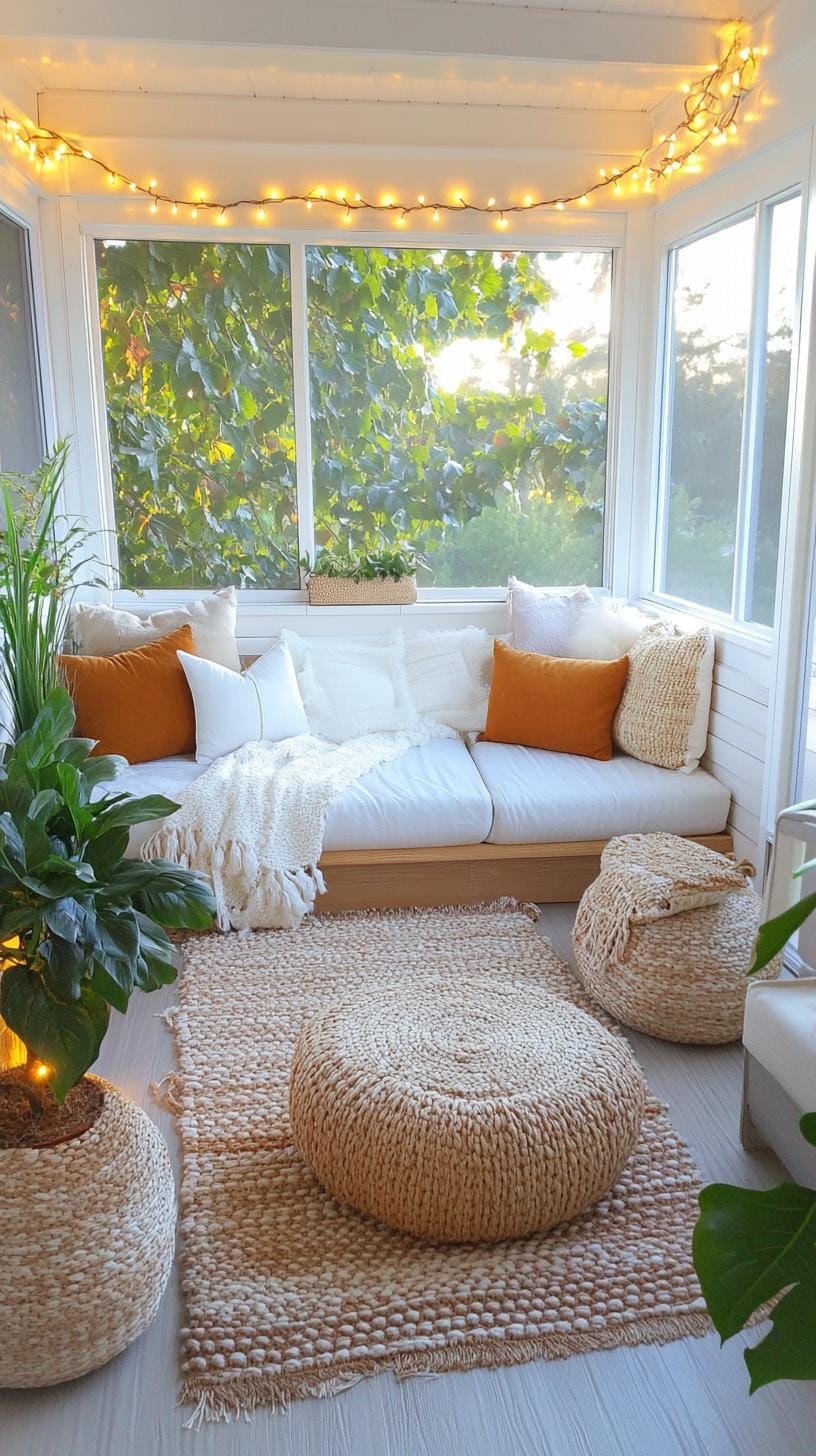 2. Cozy sunroom porch with string lights and rugs-1