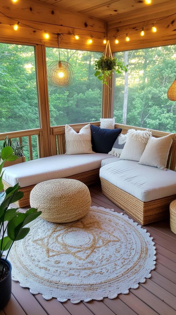 2. Cozy sunroom porch with string lights and rugs-2