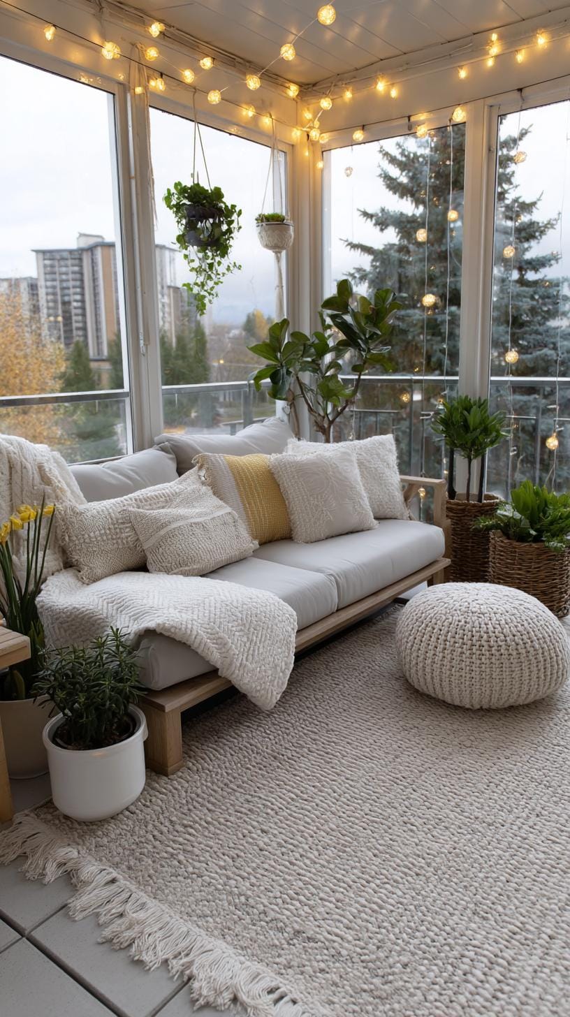 2. Cozy sunroom porch with string lights and rugs-3