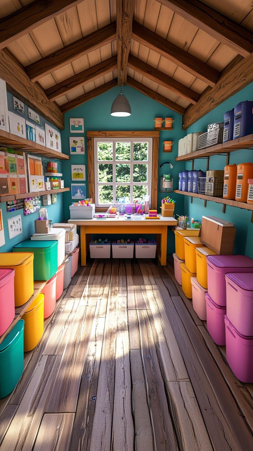 16. Crafting shed with rainbow wall storage and long table-0