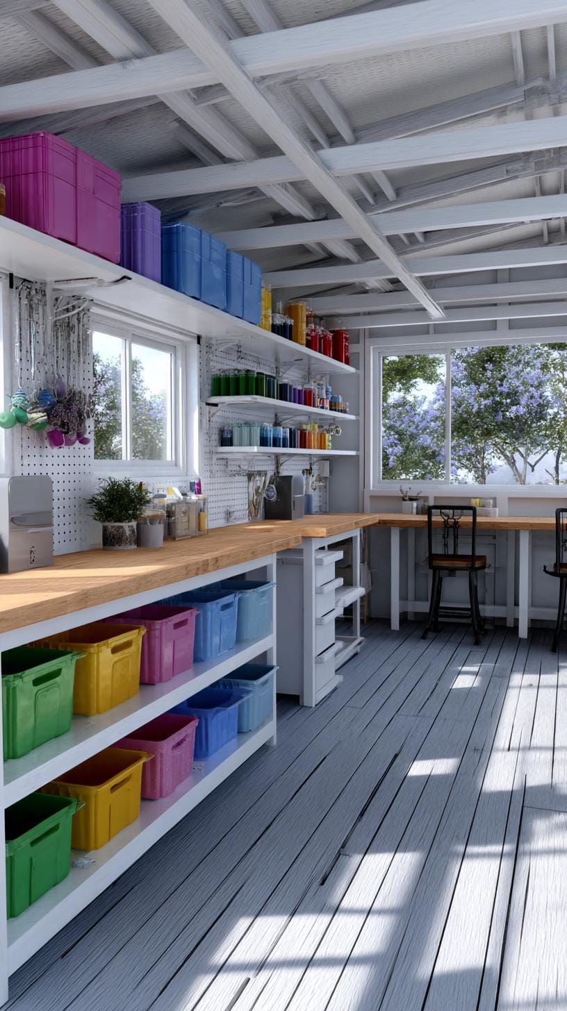 16. Crafting shed with rainbow wall storage and long table-1