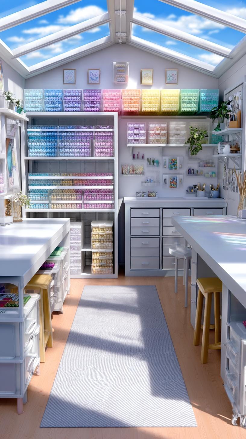 16. Crafting shed with rainbow wall storage and long table-2