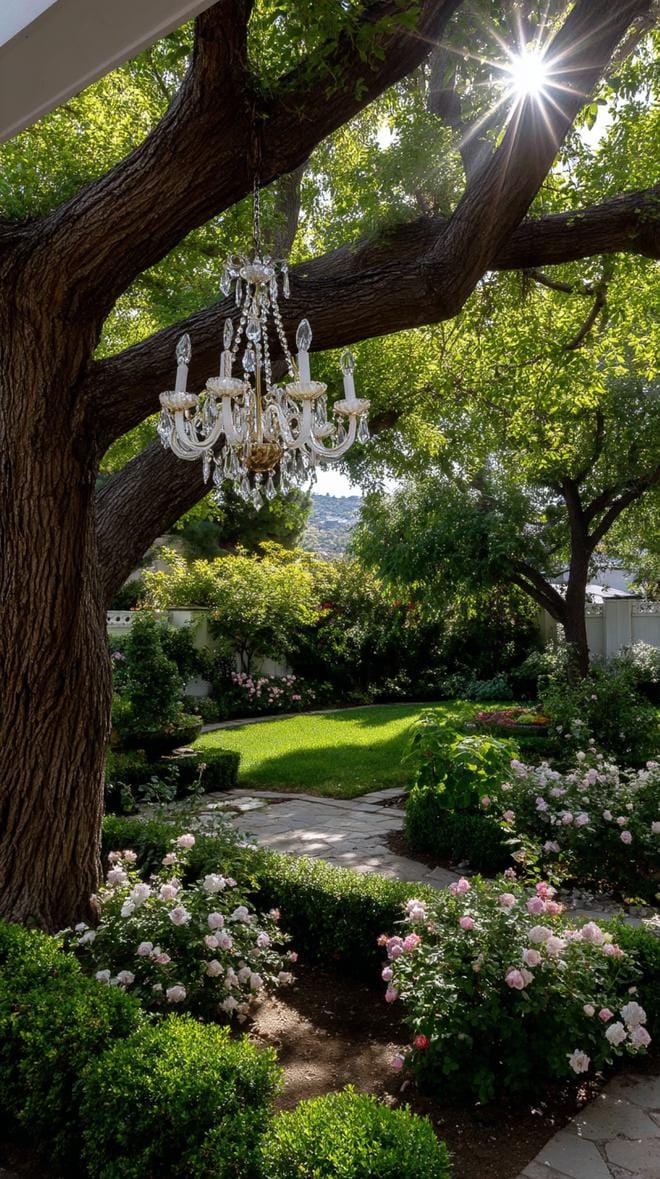 29 Vintage Garden Decor Ideas That Bring Rustic Charm Outdoors 82 20. Crystal chandelier hanging from tree over garden-0