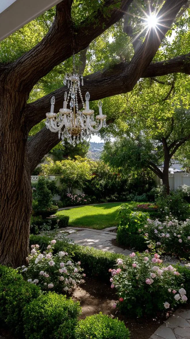 29 Vintage Garden Decor Ideas That Bring Rustic Charm Outdoors 81 20. Crystal chandelier hanging from tree over garden-0