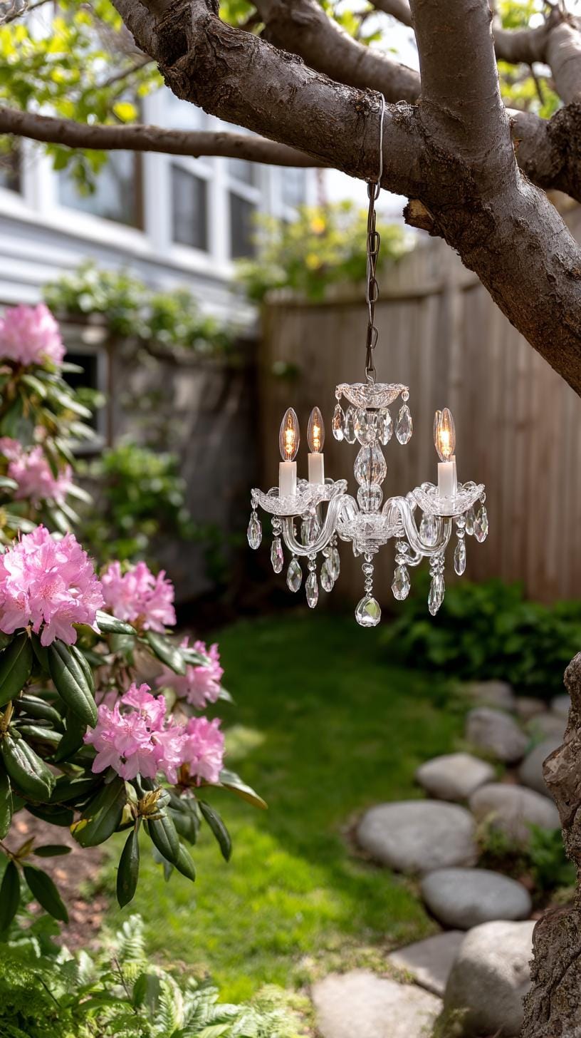 29 Vintage Garden Decor Ideas That Bring Rustic Charm Outdoors 85 20. Crystal chandelier hanging from tree over garden-1