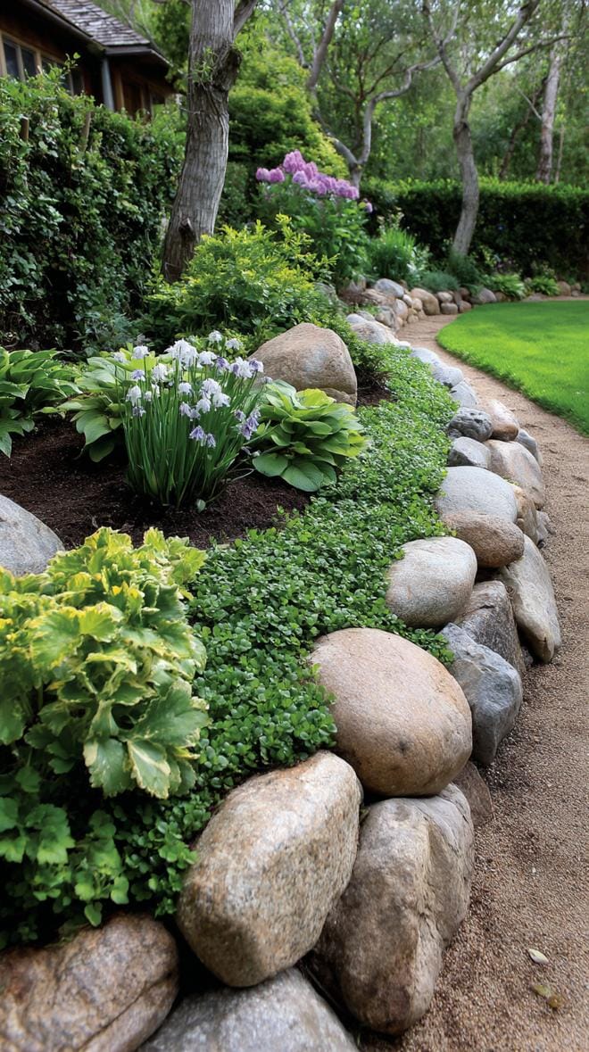 31 Rock Garden Ideas That Transform Any Outdoor Space 39 8. Curved border garden with large river rocks-0