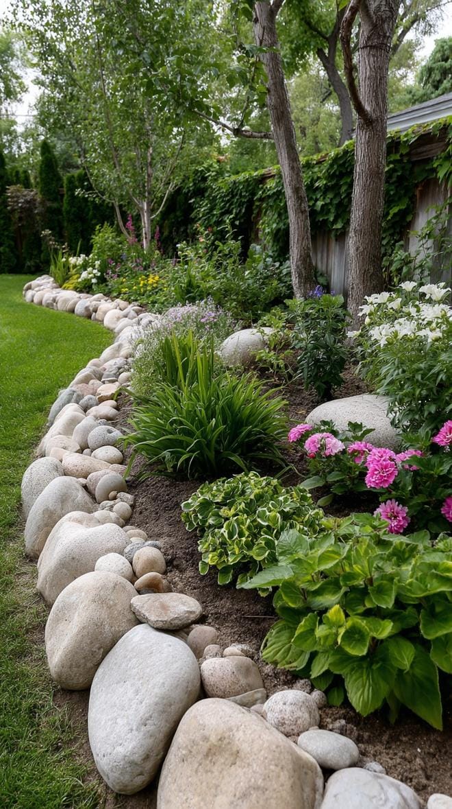 31 Rock Garden Ideas That Transform Any Outdoor Space 40 8. Curved border garden with large river rocks-1