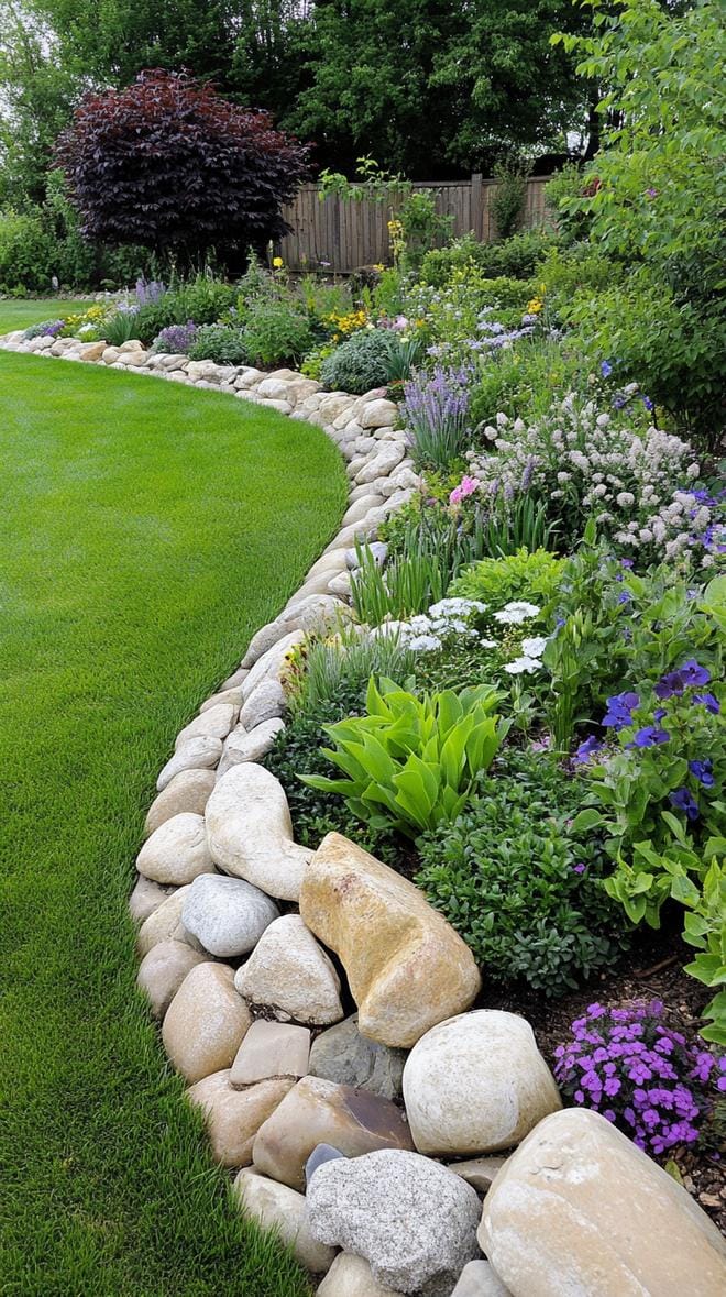 31 Rock Garden Ideas That Transform Any Outdoor Space 44 8. Curved border garden with large river rocks-3