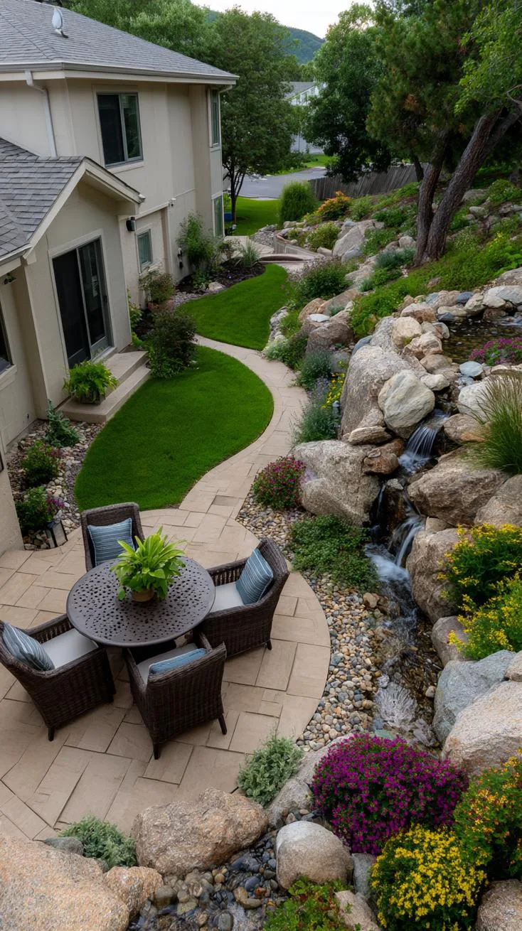 19. Curved patio surrounded by vibrant garden and waterfall-0 19. Curved patio surrounded by vibrant garden and waterfall-0