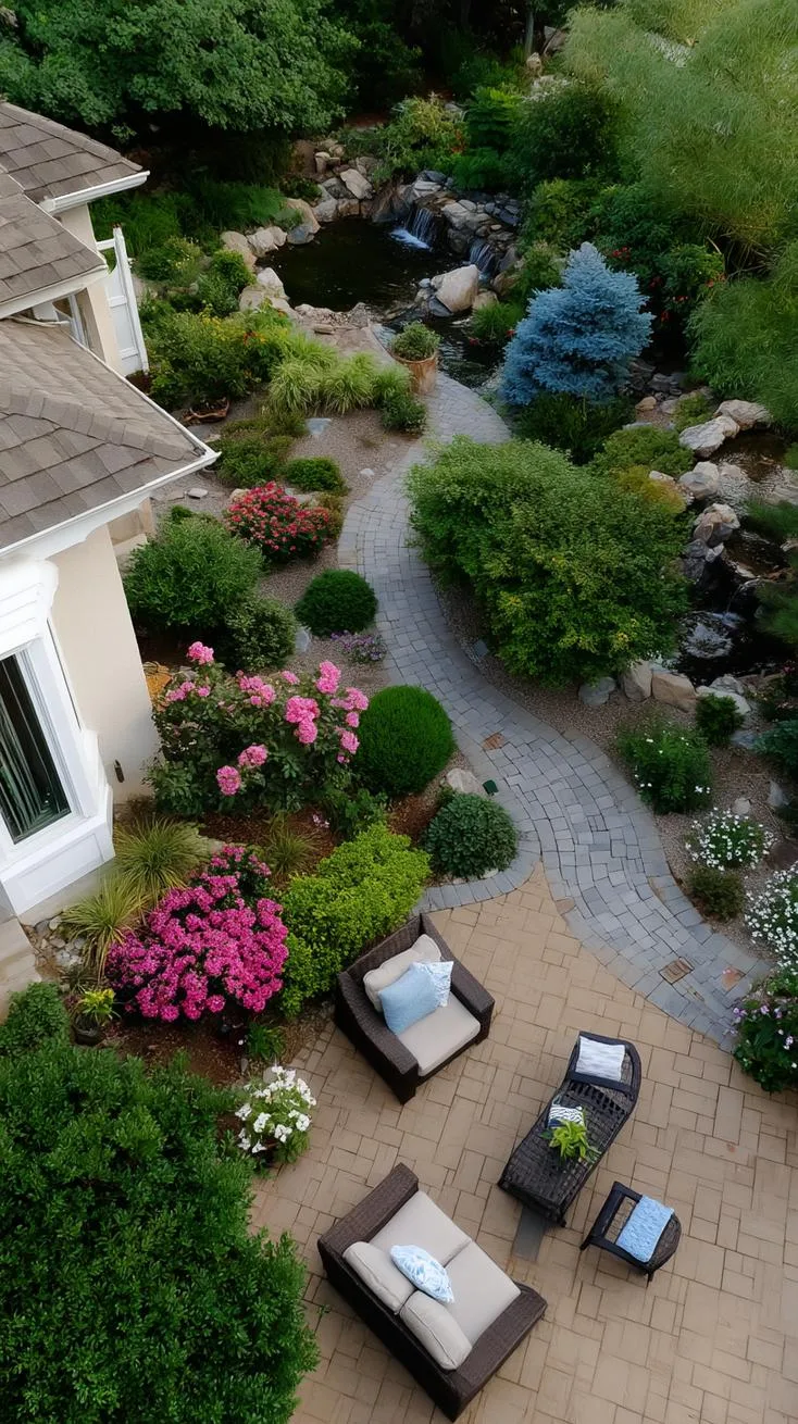 19. Curved patio surrounded by vibrant garden and waterfall-1 19. Curved patio surrounded by vibrant garden and waterfall-1