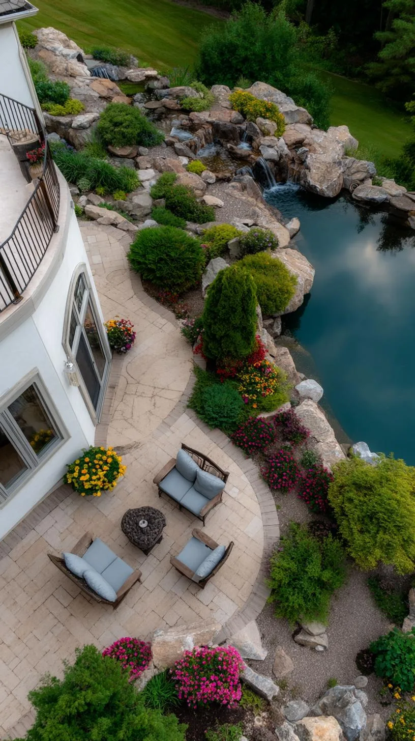 19. Curved patio surrounded by vibrant garden and waterfall-2 19. Curved patio surrounded by vibrant garden and waterfall-2