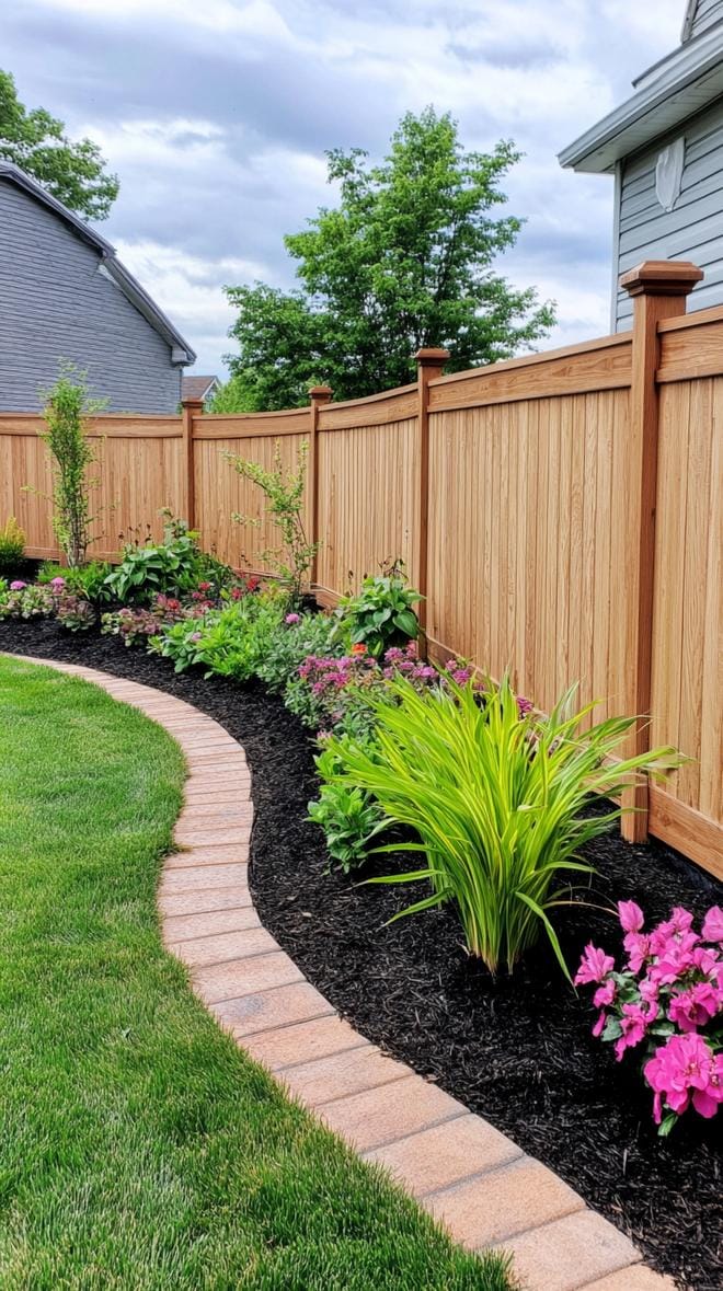 35 Unique Privacy Fence Ideas for a More Private Backyard 40 15. Curved privacy fence with brick-lined landscaping-0