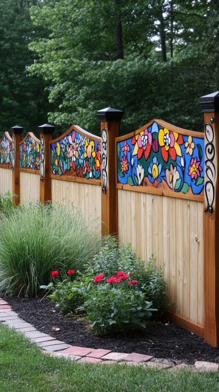 15. Curved privacy fence with brick-lined landscaping-1