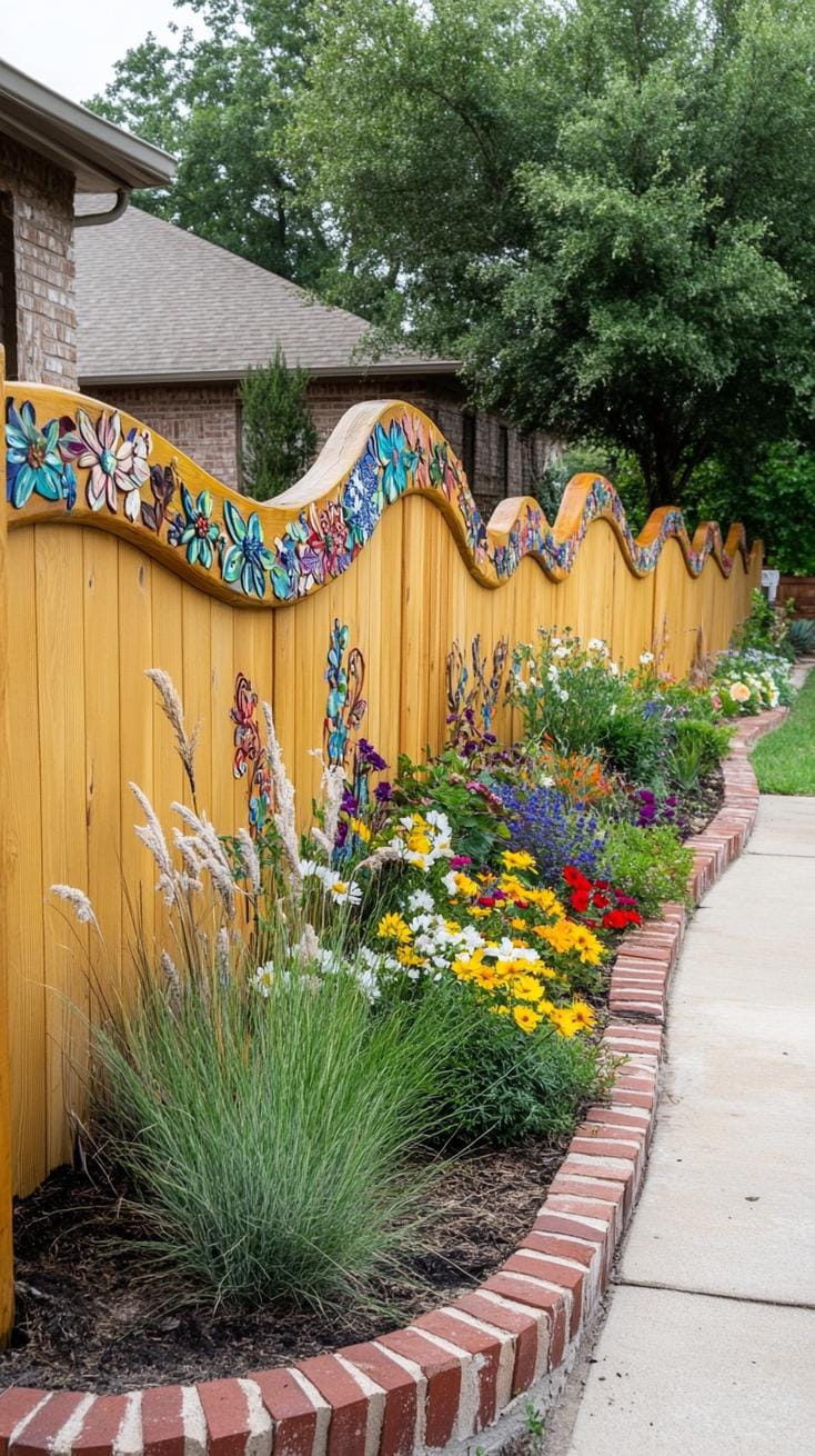 35 Unique Privacy Fence Ideas for a More Private Backyard 42 15. Curved privacy fence with brick-lined landscaping-2