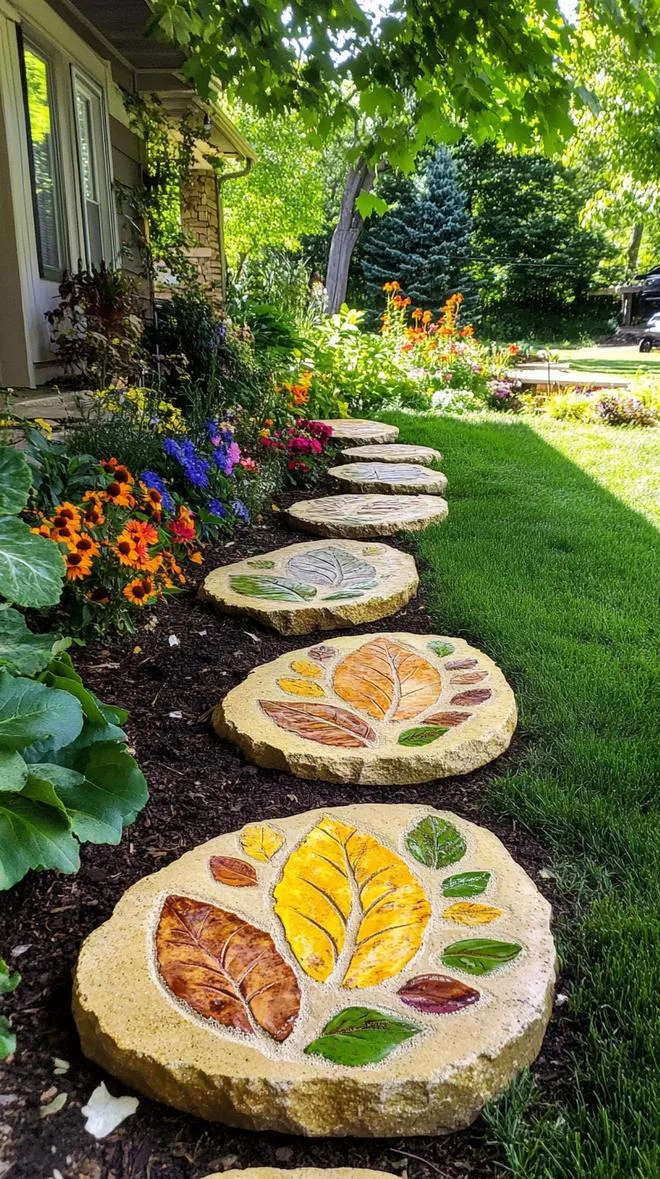 36. DIY leaf print stepping stones-1