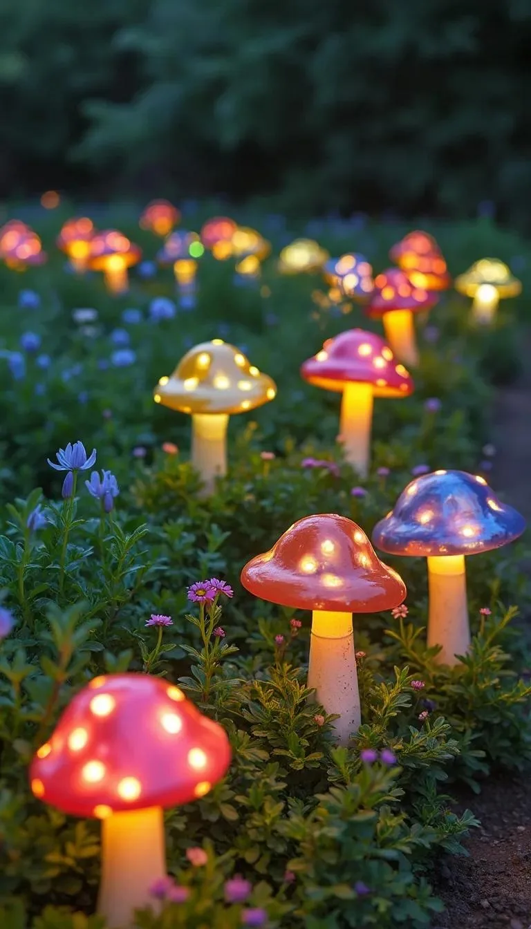 13. DIY mushroom solar lights sprinkled in flower beds-1